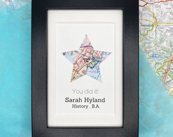 Graduation gift map framed artwork. 5x7 inch box frame, your choice of map and text.