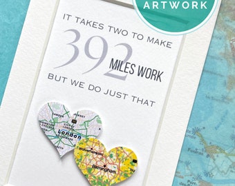 Personalized Long Distance Relationship Map Art, Anniversary Gift (Unframed)