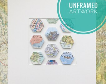 Personalised map with hexagon shapes. Features 8 world map locations of your choice.  Hexagonal 3D paper travel map unframed artwork