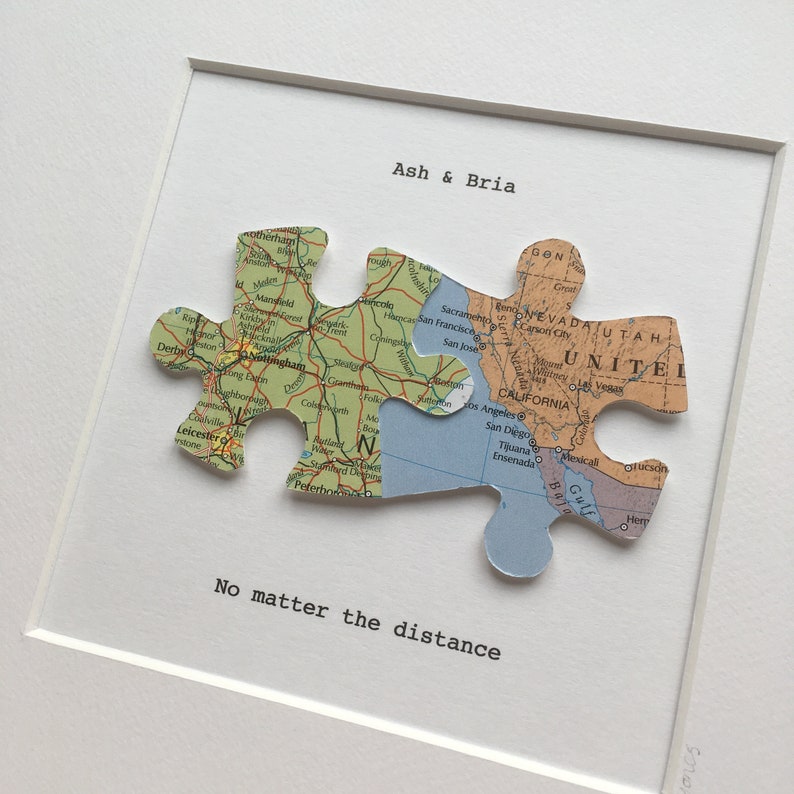 Long distance relationship gift for boyfriend or girlfriend TWO map unframed jigsaw puzzle map art image 7