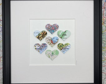 Paper map heart art with SEVEN city, town, world maps of your choice. Framed artwork