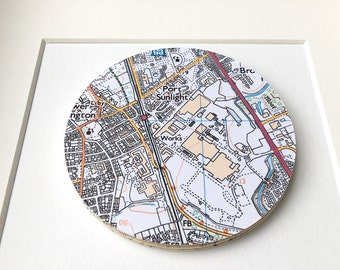 OS and World map travel framed artwork. ONE map location, hand-cut map circle, layered for 3D effect.