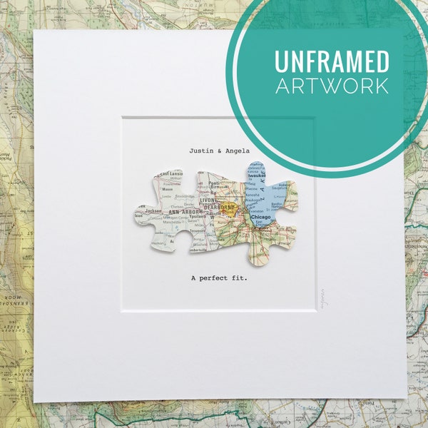 Long distance relationship gift for boyfriend or girlfriend - TWO map unframed jigsaw puzzle map art