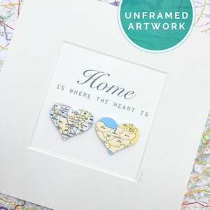 Home is where the heart is, Karte Herz ungerahmtes Kunstwerk. Zwei Weltkarte gedruckte Papierherzen, Ferngeschenk für Familie und Freunde.