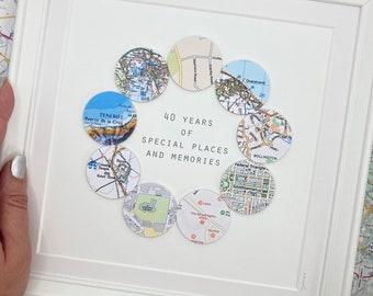 Travel memory 9 Map location circles. Retirement, travel and milestone map framed artwork. Custom made with text and maps of your choice.