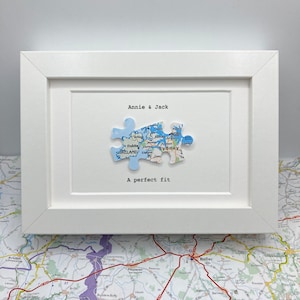 Framed TWO map jigsaw puzzle piece paper artwork. Long distance relationship gift for boyfriend or girlfriend. Gift for travel lover. image 4