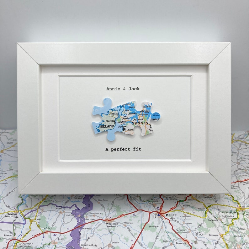 Framed TWO map jigsaw puzzle piece paper artwork. Long distance relationship gift for boyfriend or girlfriend. Gift for travel lover. image 4