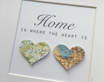 Home is where the heart is - TWO paper heart map framed artwork. Custom made artwork, home is where mum is.