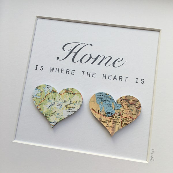 Home is where the heart is - TWO paper heart map framed artwork. Custom made artwork, home is where mum is.