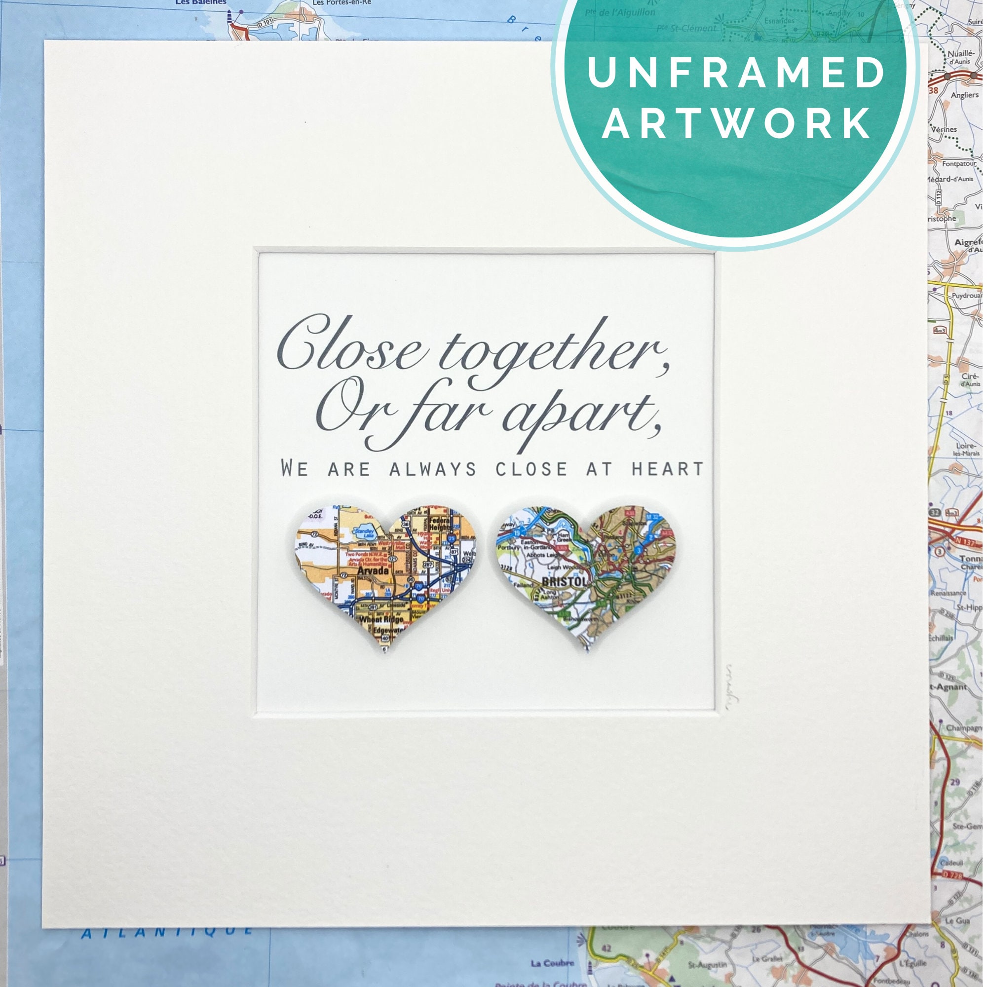 Personalized Map Heart Art: Long Distance Gift (Unframed)