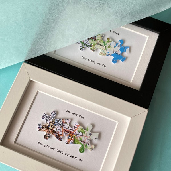 Family of THREE world map paper jigsaw artwork. 3D paper maps in a 5x7 inch box frame. Personalised couples journey wedding gift