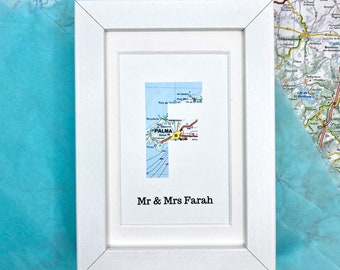 Custom map initial art, A-Z alphabet letters available  - 5x7 inch box frame. Friendship, wedding tor graduation gift. Personalised text.