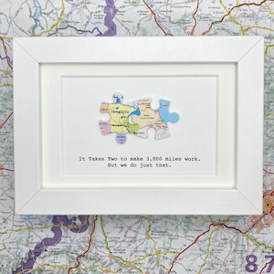 Framed TWO map jigsaw puzzle piece paper artwork. Long distance relationship gift for boyfriend or girlfriend. Gift for travel lover. White