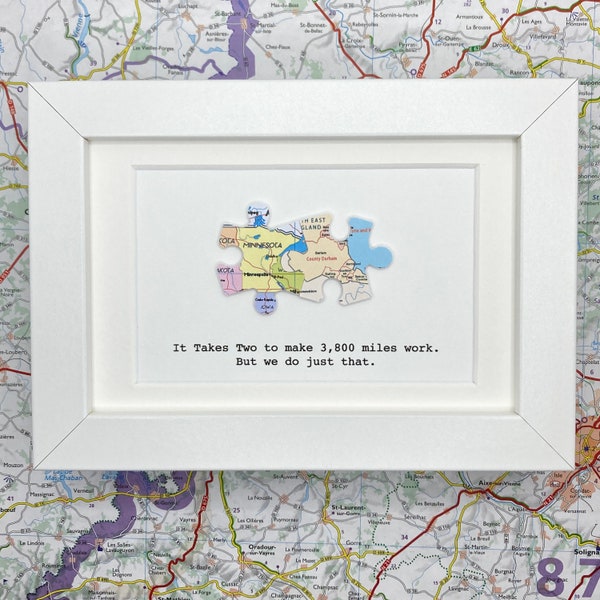 Framed TWO map jigsaw puzzle piece paper artwork.  Long distance relationship gift for boyfriend or girlfriend. Gift for travel lover.