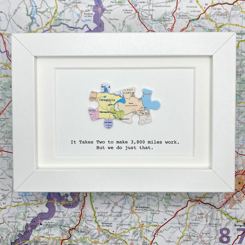 Framed TWO map jigsaw puzzle piece paper artwork. Long distance relationship gift for boyfriend or girlfriend. Gift for travel lover. White