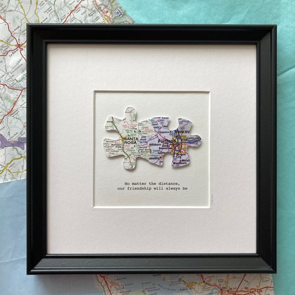 Framed long distance relationship gift for boyfriend or girlfriend map artwork - Two paper map jigsaw puzzle custom map art - LDR gift