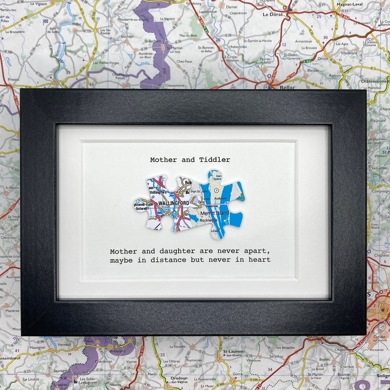 Framed TWO map jigsaw puzzle piece paper artwork. Long distance relationship gift for boyfriend or girlfriend. Gift for travel lover. image 6