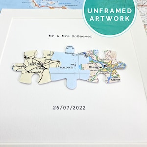 Familiengeschenkkunst von DREI Kartenstandorten, Fernkarten. Handgeschnittenes Puzzle in Form einer Landkarte im Trio. Ausgefallenes Hochzeitsgeschenk