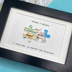 Framed TWO map jigsaw puzzle piece paper artwork. Long distance relationship gift for boyfriend or girlfriend. Gift for travel lover. Black