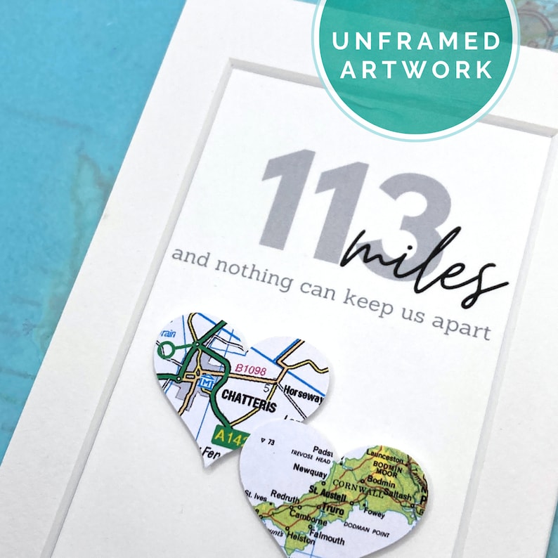 Long Distance Map Art: Two Heart Shapes, Personalized Mileage (unframed ...