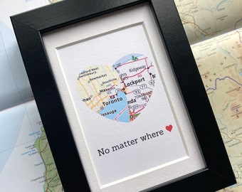 Long distance boyfriend girlfriend gift TWO map location/city print artwork in heart shaped jigsaw puzzle; framed artwork.