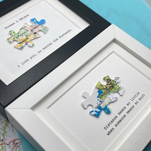 Framed TWO map jigsaw puzzle piece paper artwork. Long distance relationship gift for boyfriend or girlfriend. Gift for travel lover. image 3