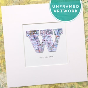 Benutzerdefinierte Kartenkunst Initiale, EIN Kartenort. Einzigartiges Geburtstagsgeschenk, ungerahmtes Kunstwerk. Alle A-Z Buchstaben verfügbar, von Hand geschnitten und personalisiert