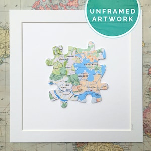Wandkunst der vierköpfigen Familie mit handgeschnittenen Puzzleteilen. Ungerahmt benutzerdefinierte Druck. Fernfamilienreisewandkunst.