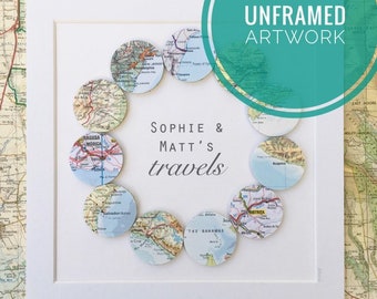 Personalised travel memory unframed artwork, 11 map circles with the world map locations of your choice.