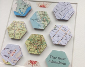 Hexagon map print artwork; travel memories wall art framed gift. Any 8 World map locations of your choice.