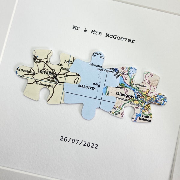 Long distance relationship gift. THREE map locations, hand-cut printed paper map wall artwork. Any world map locations. Met Engaged Married