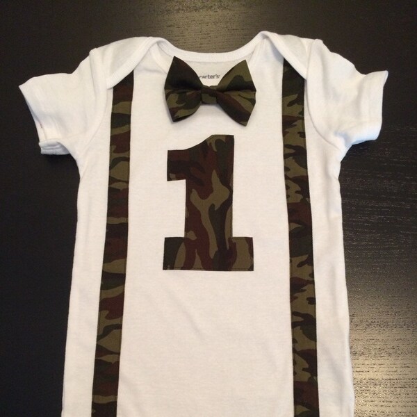 First Birthday Bowtie Camo Bodysuit Baby Boy