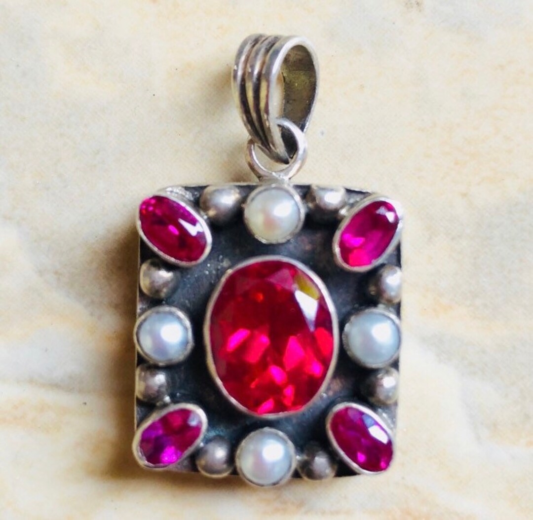 Sterling Silver Ornate Pendant Ruby Pearls - Etsy