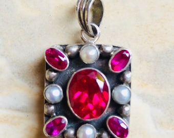 Sterling Silver Ornate Pendant Ruby Pearls