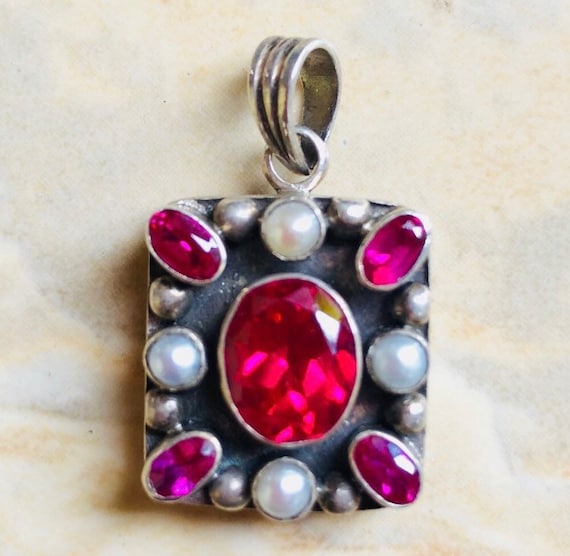 Sterling Silver Ornate Pendant Ruby Pearls - image 1