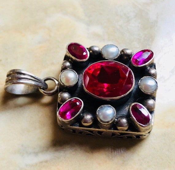 Sterling Silver Ornate Pendant Ruby Pearls - image 2