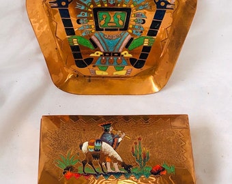 Retro Enamel On Copper Cigarette Box & Ashtray South American
