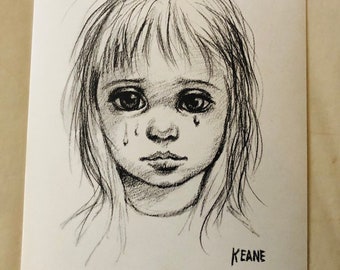 Walter Margaret Keane Big Eyes Black White Print Called Tears 1960’s Mid-Century Mod
