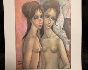 Margaret Keane REFLECTION Nude Lady Vintage 1960's Lithograph + FREE Print! Midcentury Pop Art