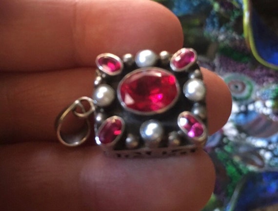 Sterling Silver Ornate Pendant Ruby Pearls - image 3