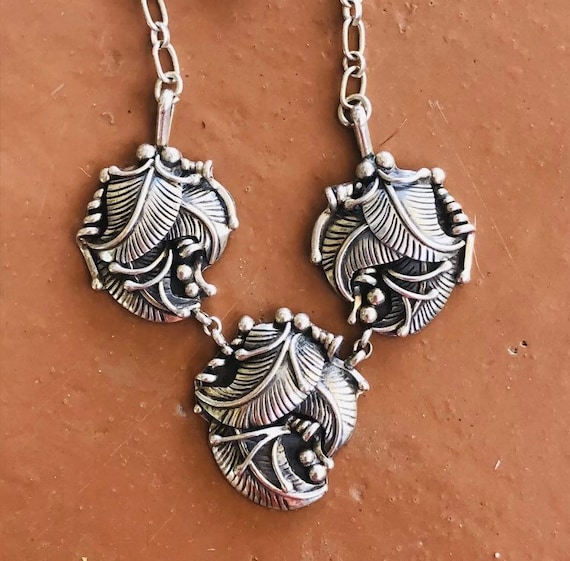Navajo Sterling Three Concha Necklace Vintage Sig… - image 1
