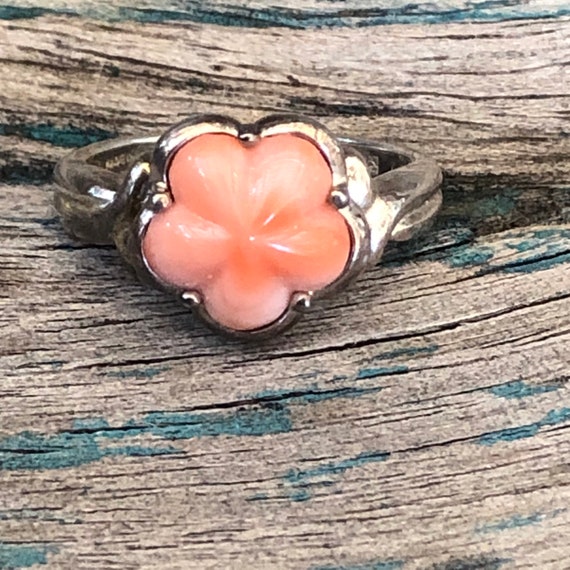 Carved Coral Sterling Silver Ring 8