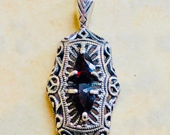 Vintage Sterling Silver Filigree Pendant With Garnets