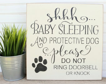 Shhh Baby Sleeping Barking Dogs Door Sign, Do Not Knock Or Ring Doorbell Wood Sign, No Soliciting Sign For Door