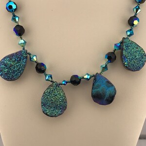 Gorgeous necklace and earring set - titanium flashed chalcedony pendants and Czech crystal