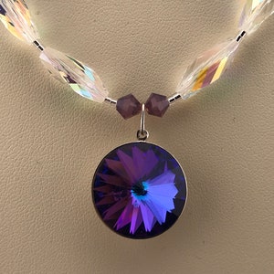 Eye-popping necklace of very rare Swarovski crystal AB ultra-faceted sparkling ovals with a vintage Swarovski heliotrope rivoli pendant