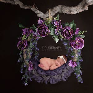 Digital Background - Digital Backdrop - Digital Newborn Prop - Photoshop Backdrop - Purple Floral Woodland Swing Hammock with Dark Backdrop