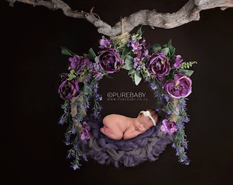 Digital Background - Digital Backdrop - Digital Newborn Prop - Photoshop Backdrop - Purple Floral Woodland Swing Hammock with Dark Backdrop