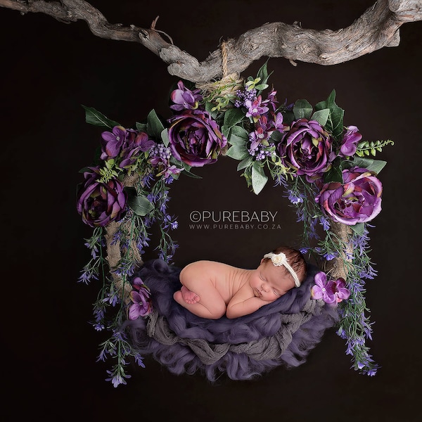 Digital Background - Digital Backdrop - Digital Newborn Prop - Photoshop Backdrop - Purple Floral Woodland Swing Hammock with Dark Backdrop