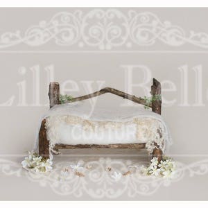Digital Background - Digital Backdrop - Newborn Prop - Sitter Prop - Wooden Bench - Cream Floral Woodland Bench with Plain Backdrop